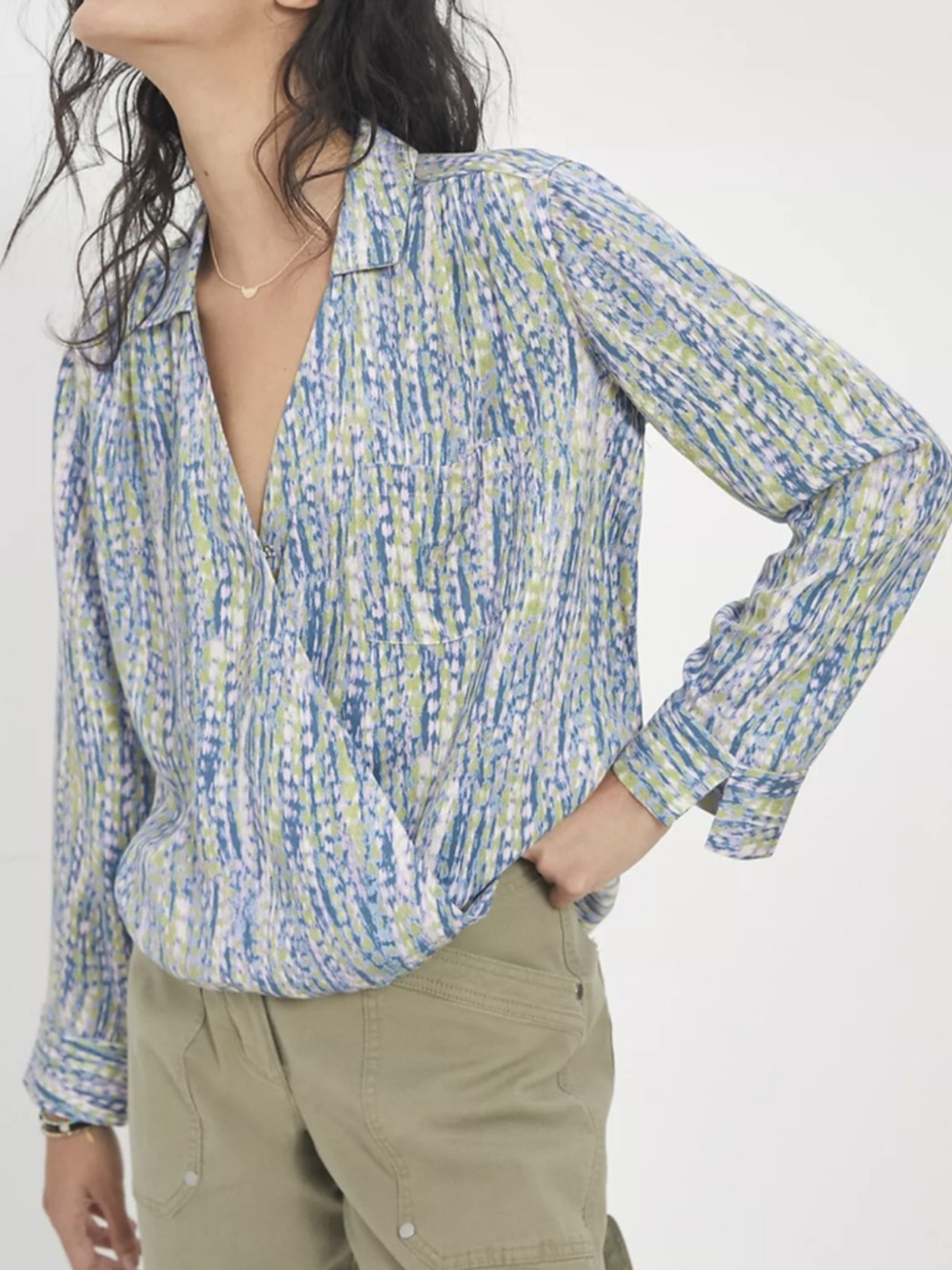 Anthropologie Pilcro Blue Multi-Print Faux Wrap Blouse Size XS EUC